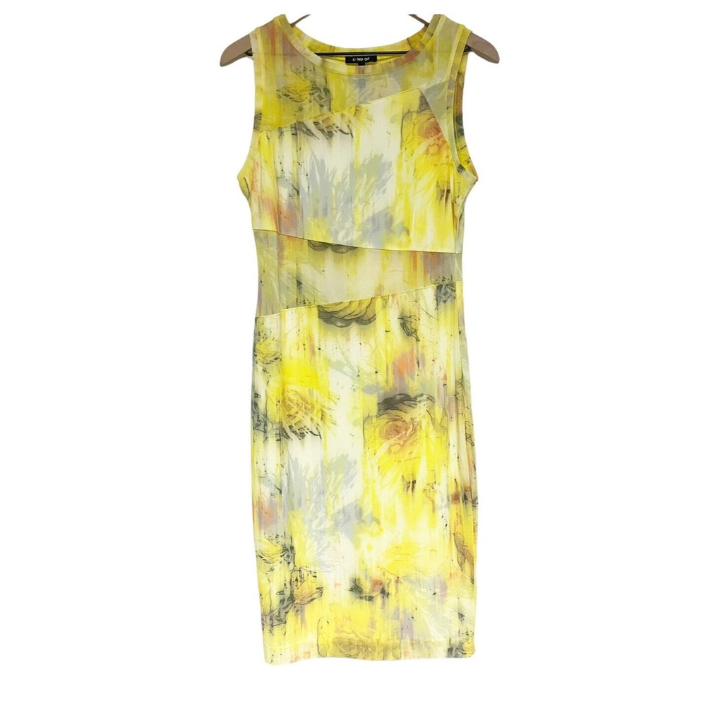 Kiind Of Womens Sleeveless Bodycon Dress Size M Yellow Floral Mesh Panels Nylon